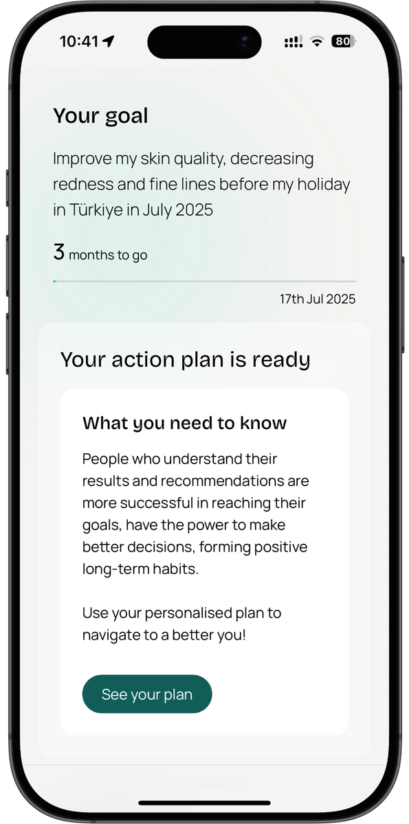 The MAP Health app showing a patient plan: the goal, the countdown to it, and the action plan ready to open.